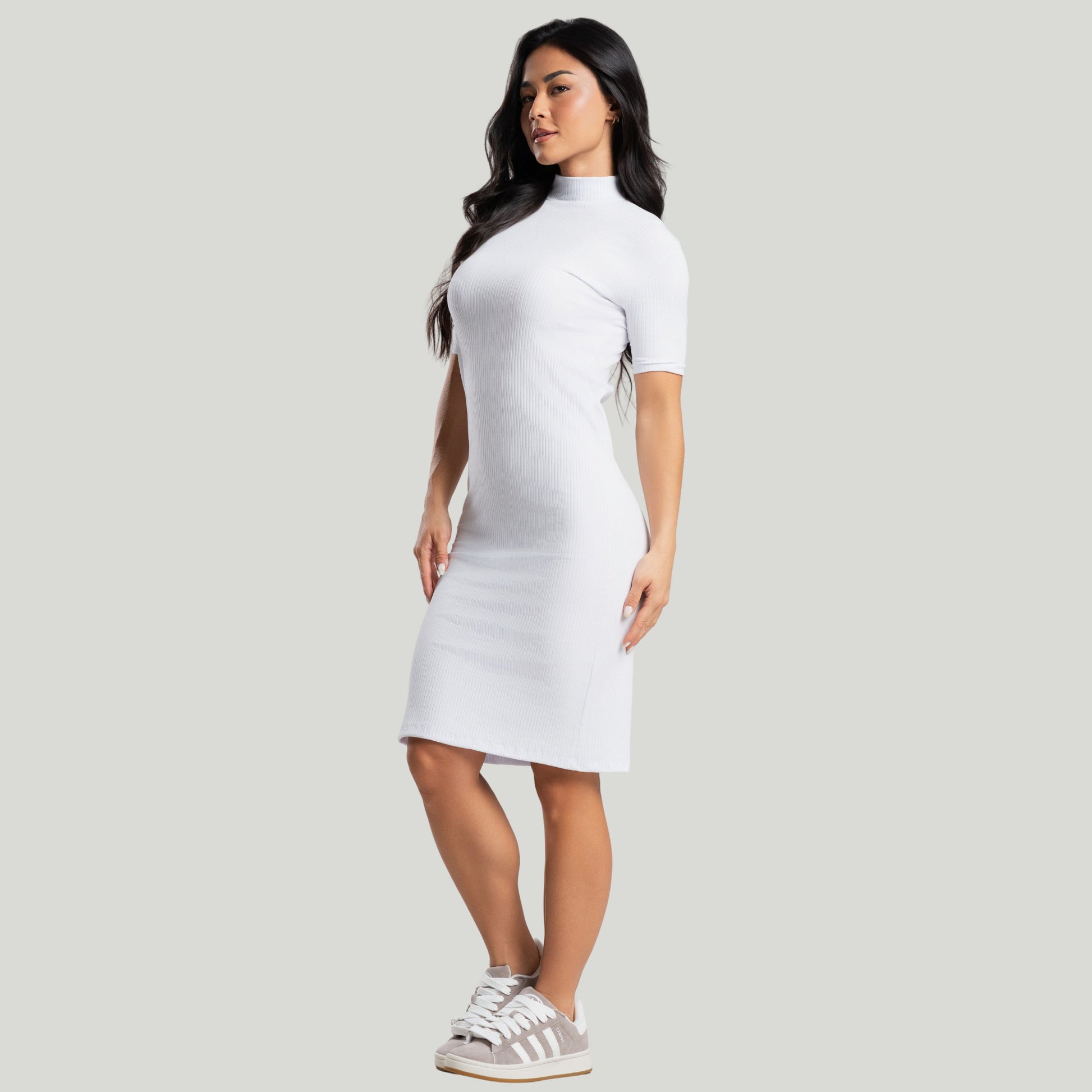 Vestido Midi Gola Alta Canelado Branco - VEKYO