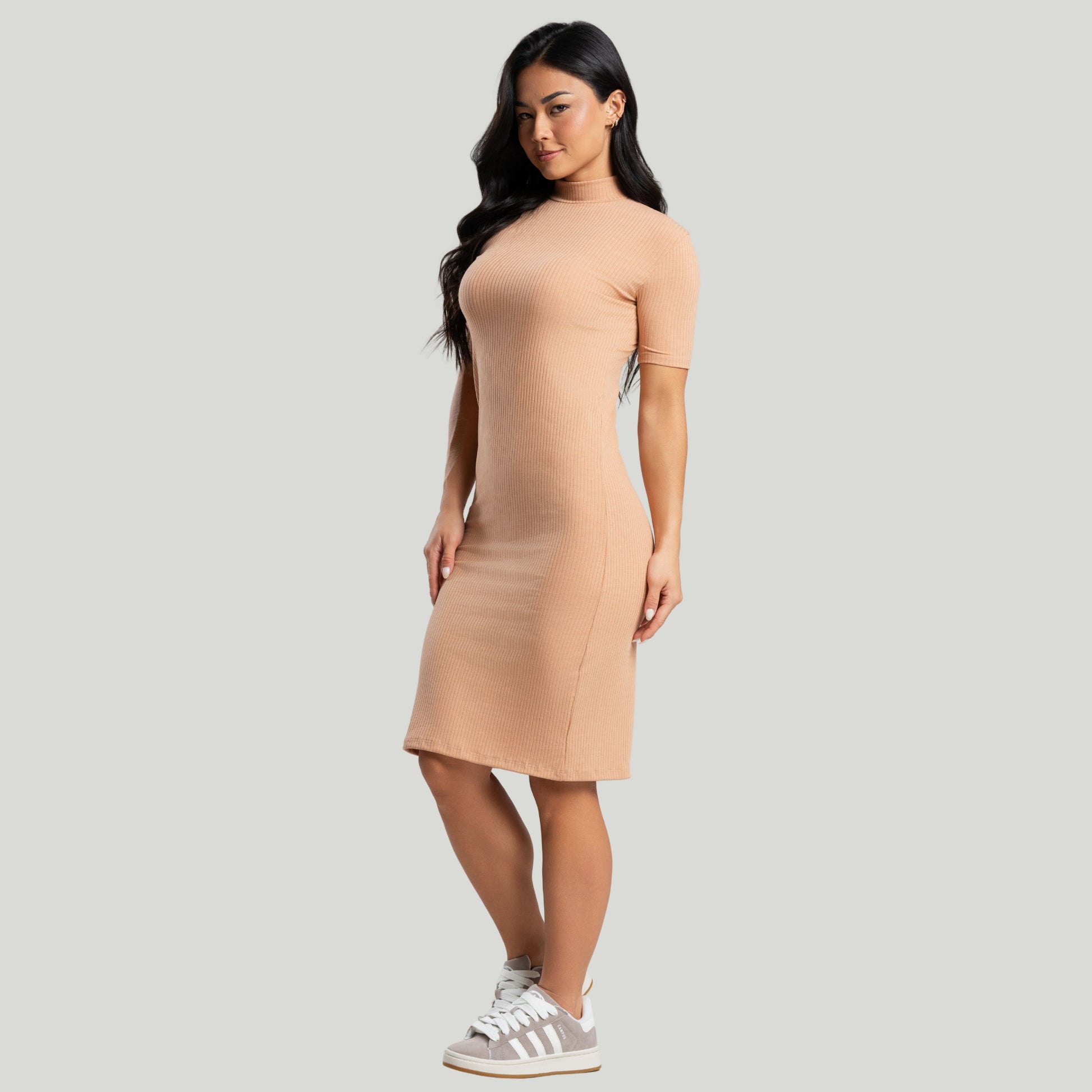 Vestido Midi Gola Alta Canelado Caramelo - VEKYO