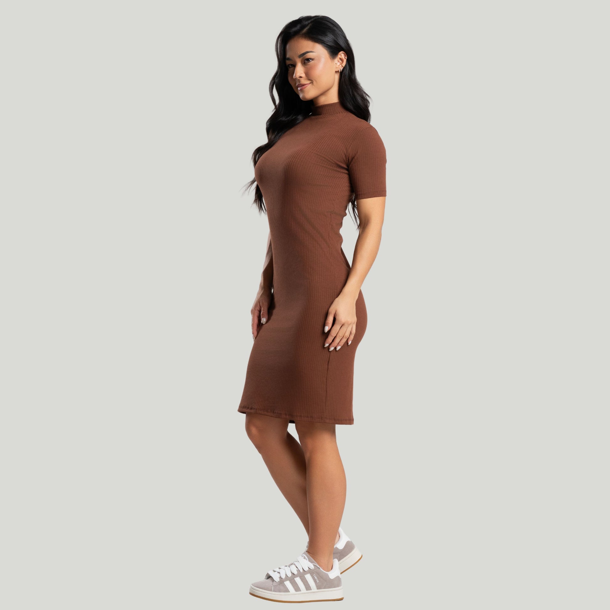 Vestido Midi Canelado Manga Curta e Manga Longa Cinza Marrom - VEKYO