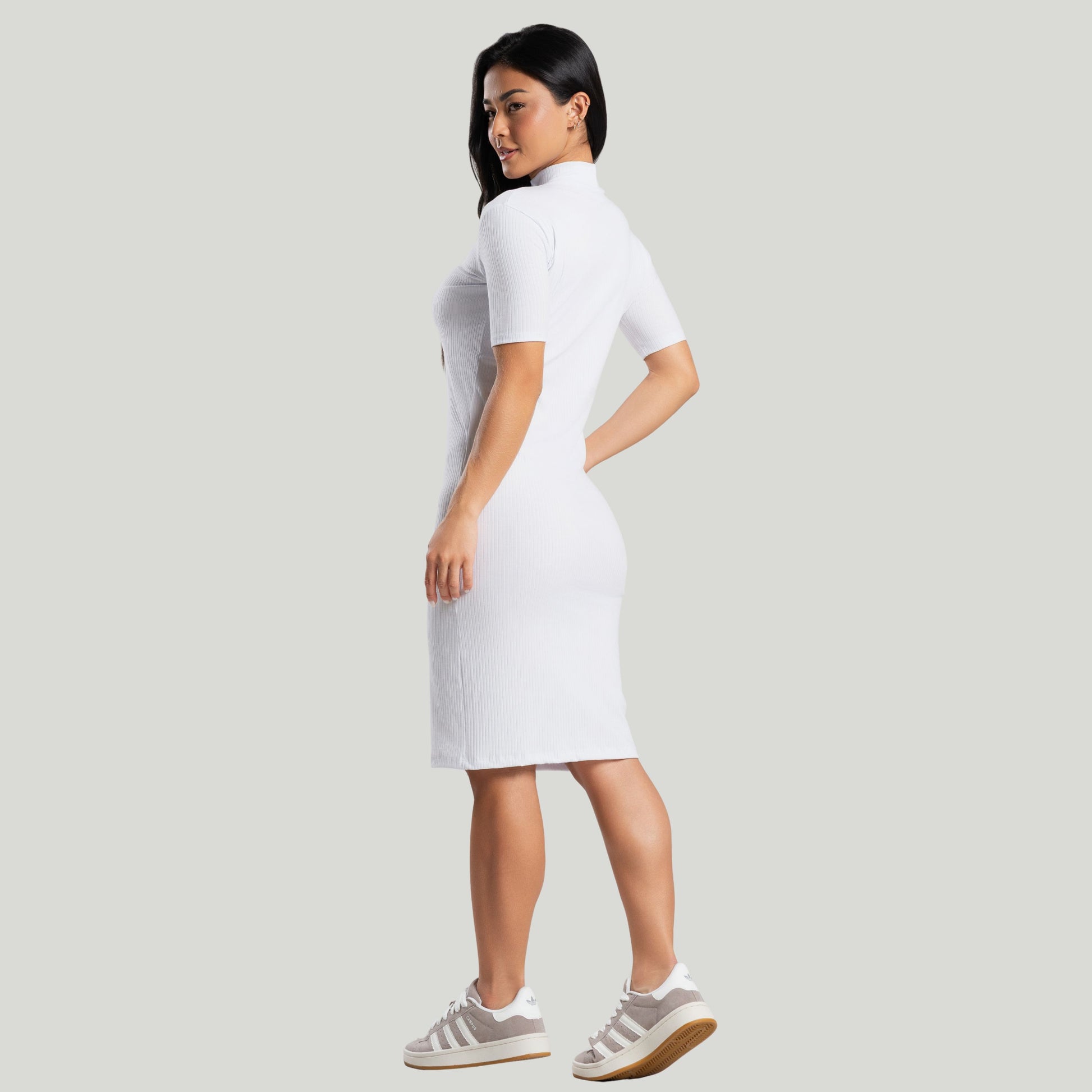 Vestido Midi Gola Alta Canelado Branco - VEKYO