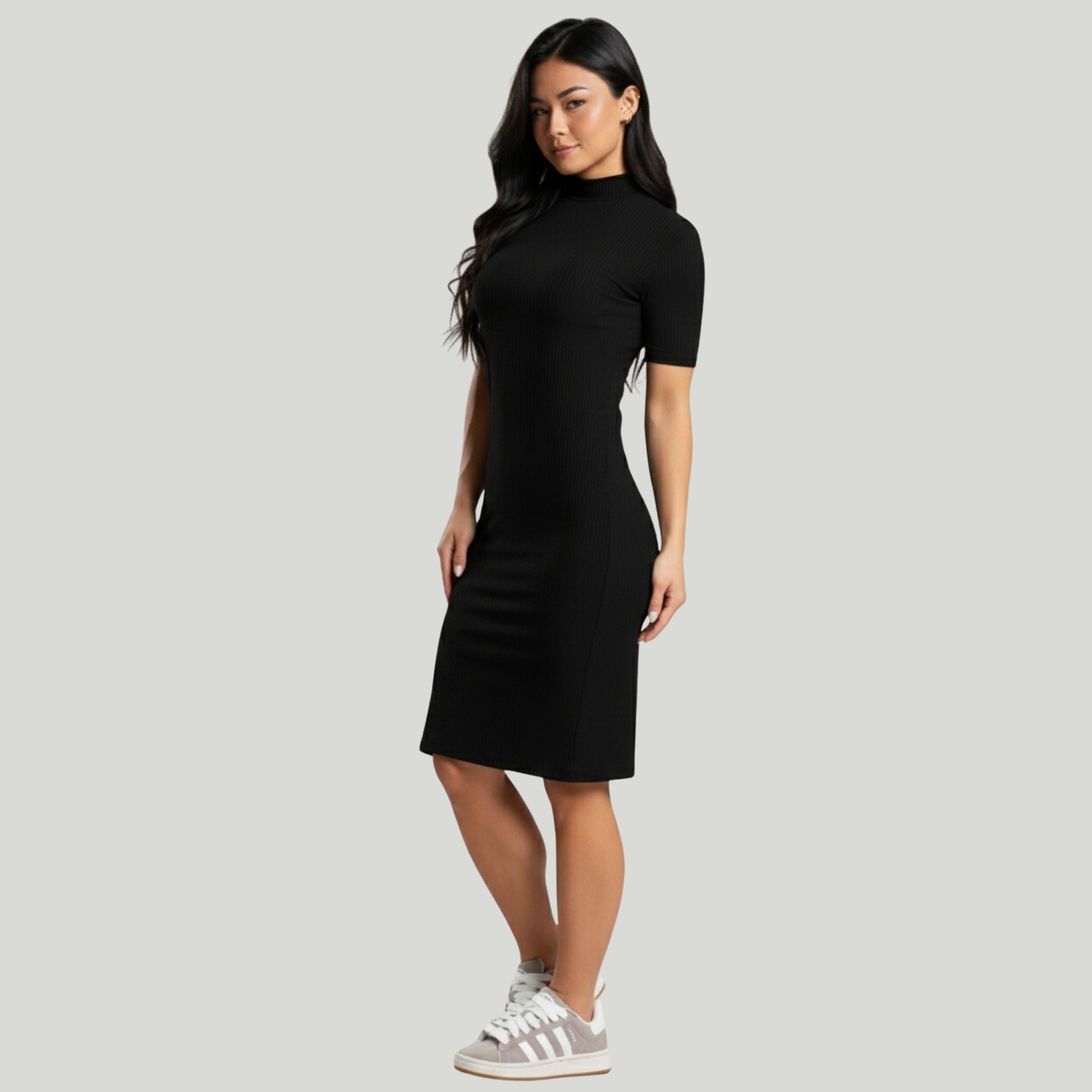 Vestido Midi Canelado Manga Curta e Manga Longa Preto - VEKYO