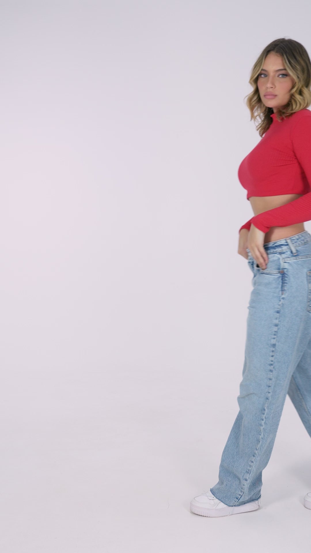 Cropped Manga Longa Canelado Gola Alta Vermelho