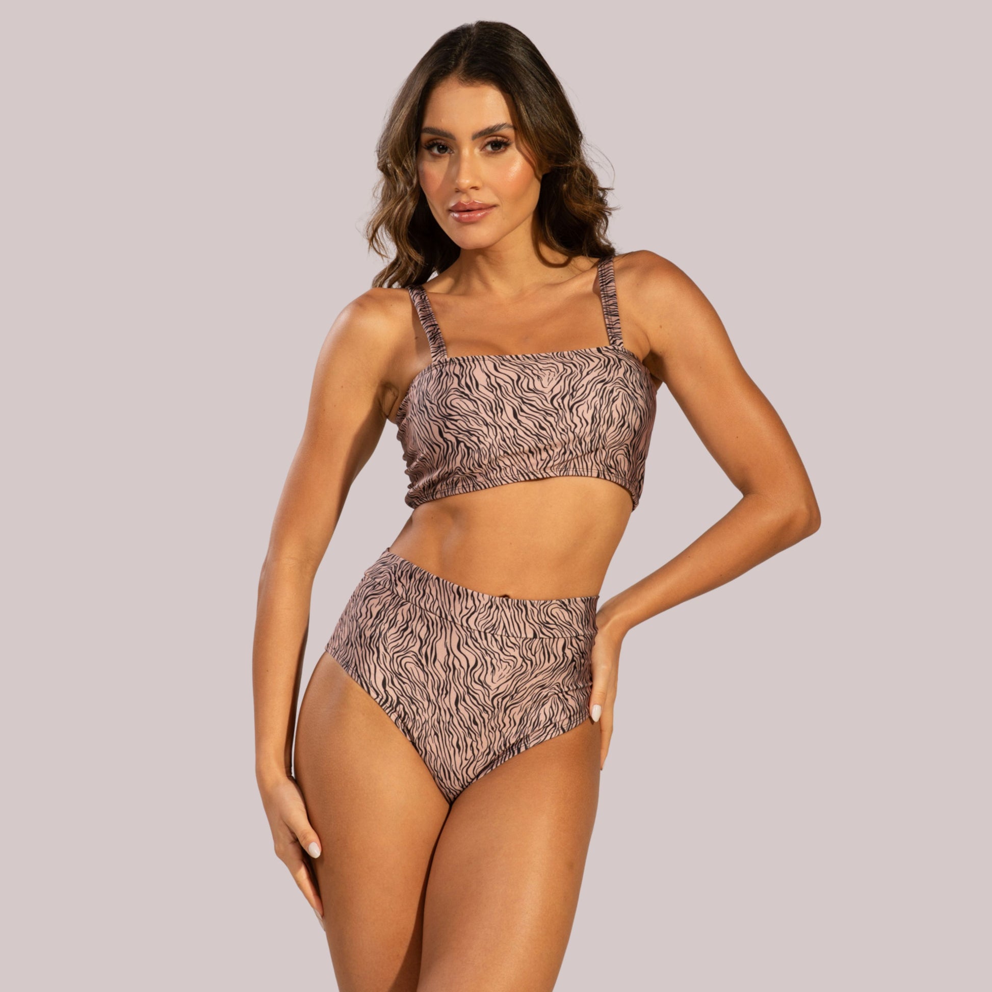 Biquíni Top Faixa Estampado Cintura Alta Bege - VEKYO