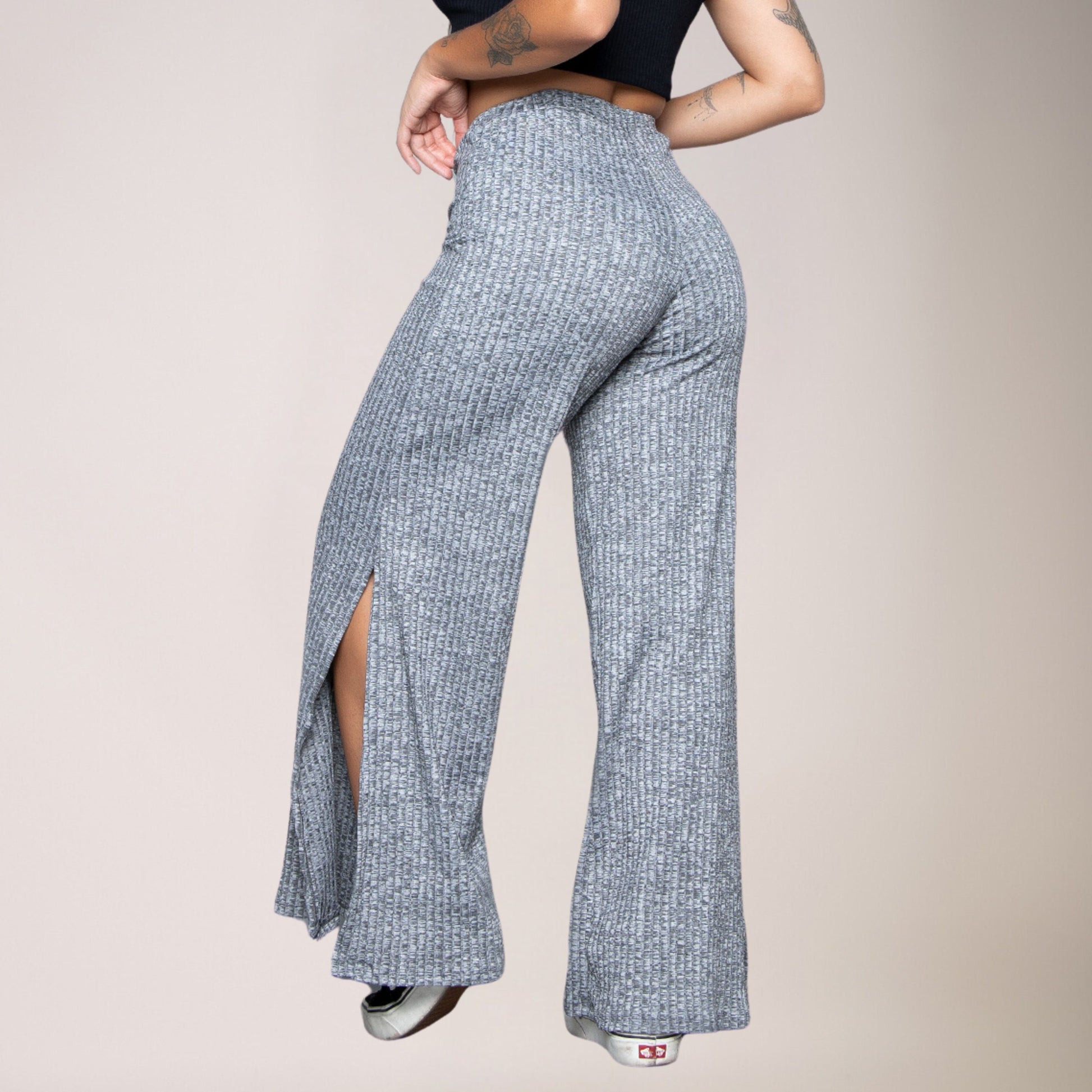 Calça Flare Pantalona Cintura Alta Com Fenda Cinza - VEKYO