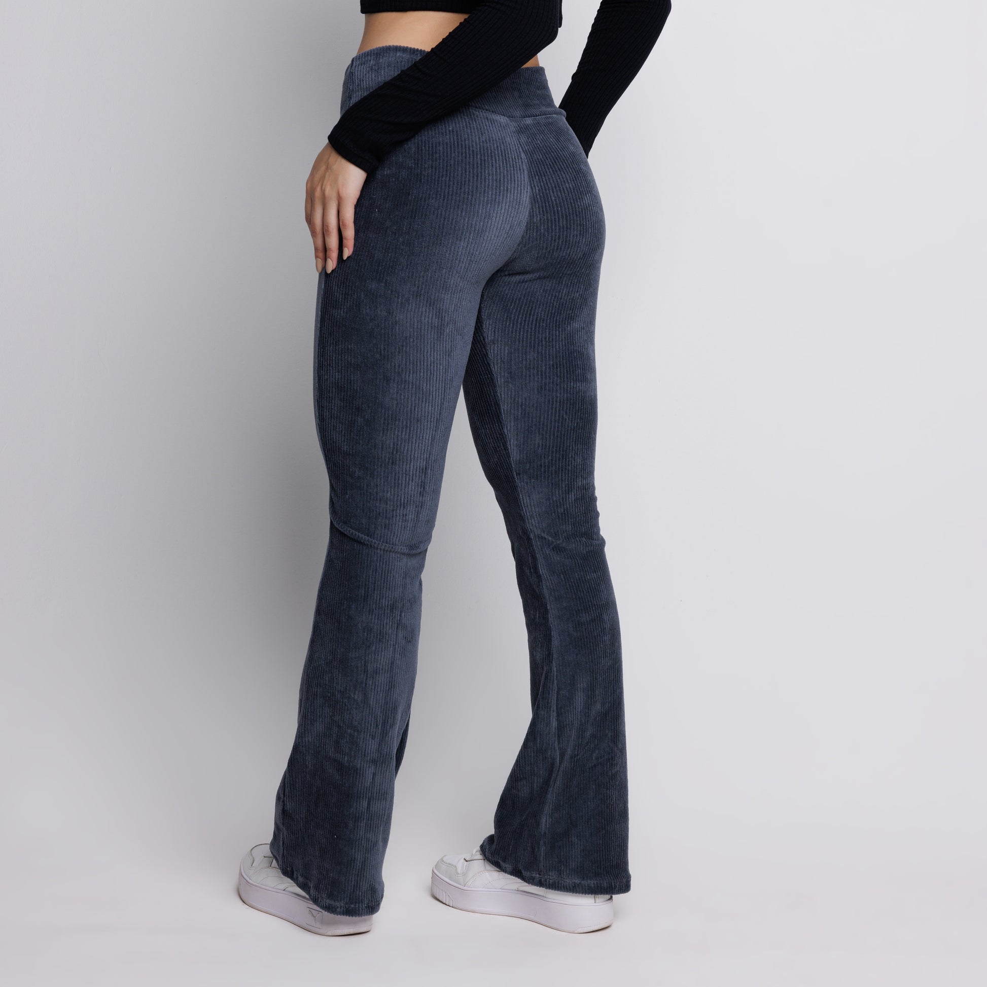 Calça Flare Veludo Cotelê Cintura Alta Cinza - VEKYO