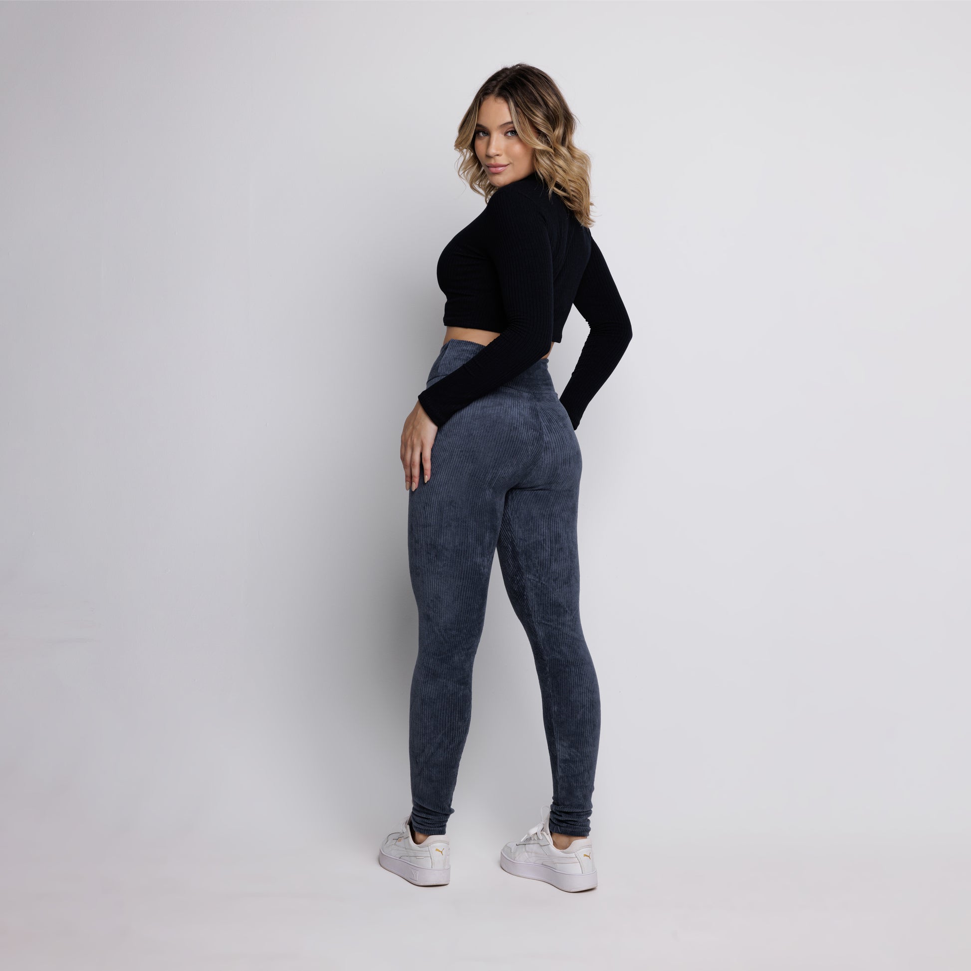 Calça Legging Veludo Cotelê Cós Alto Cinza - VEKYO