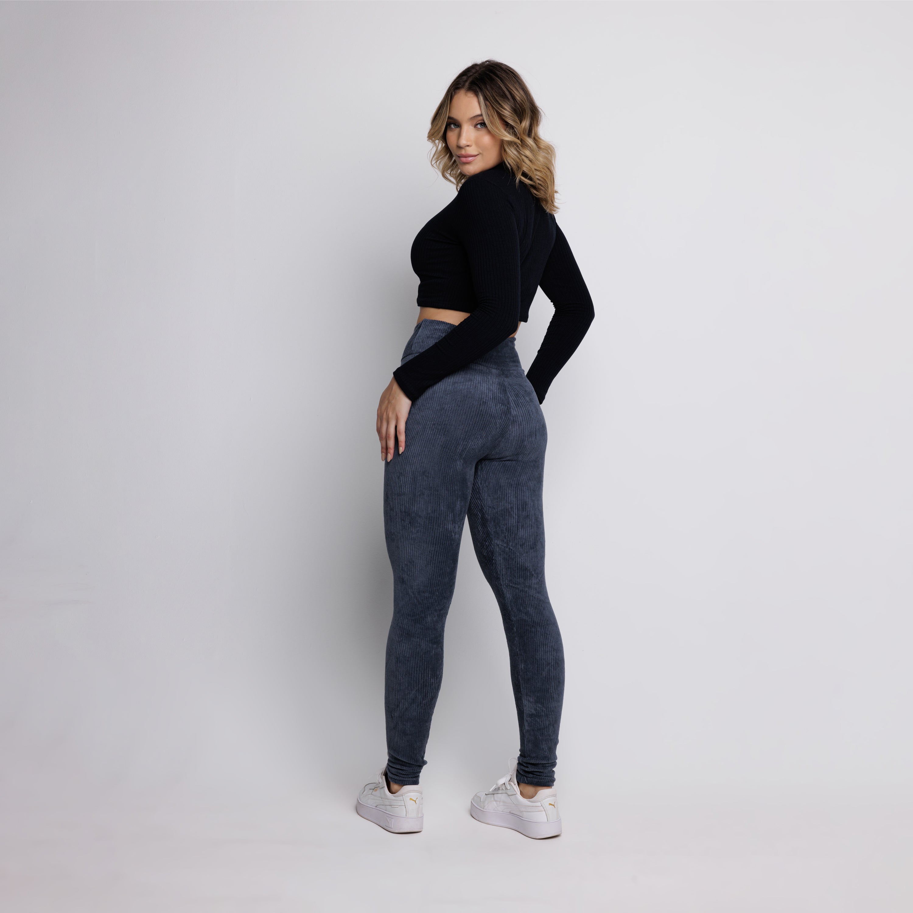Calça Legging Veludo Cotelê Cós Alto Cinza - VEKYO
