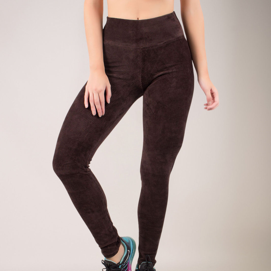 Calça Legging Veludo Cotelê Cós Alto Marrom - VEKYO