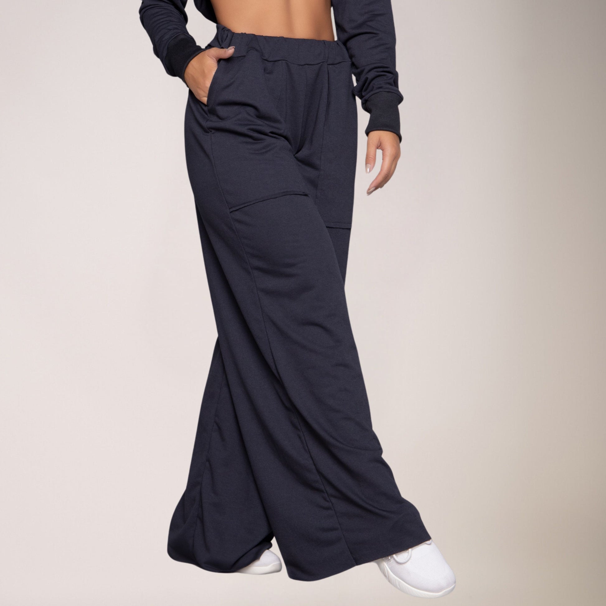 Calça Wide Leg Pantalona Cintura Alta Bolso Moletinho Preto - VEKYO