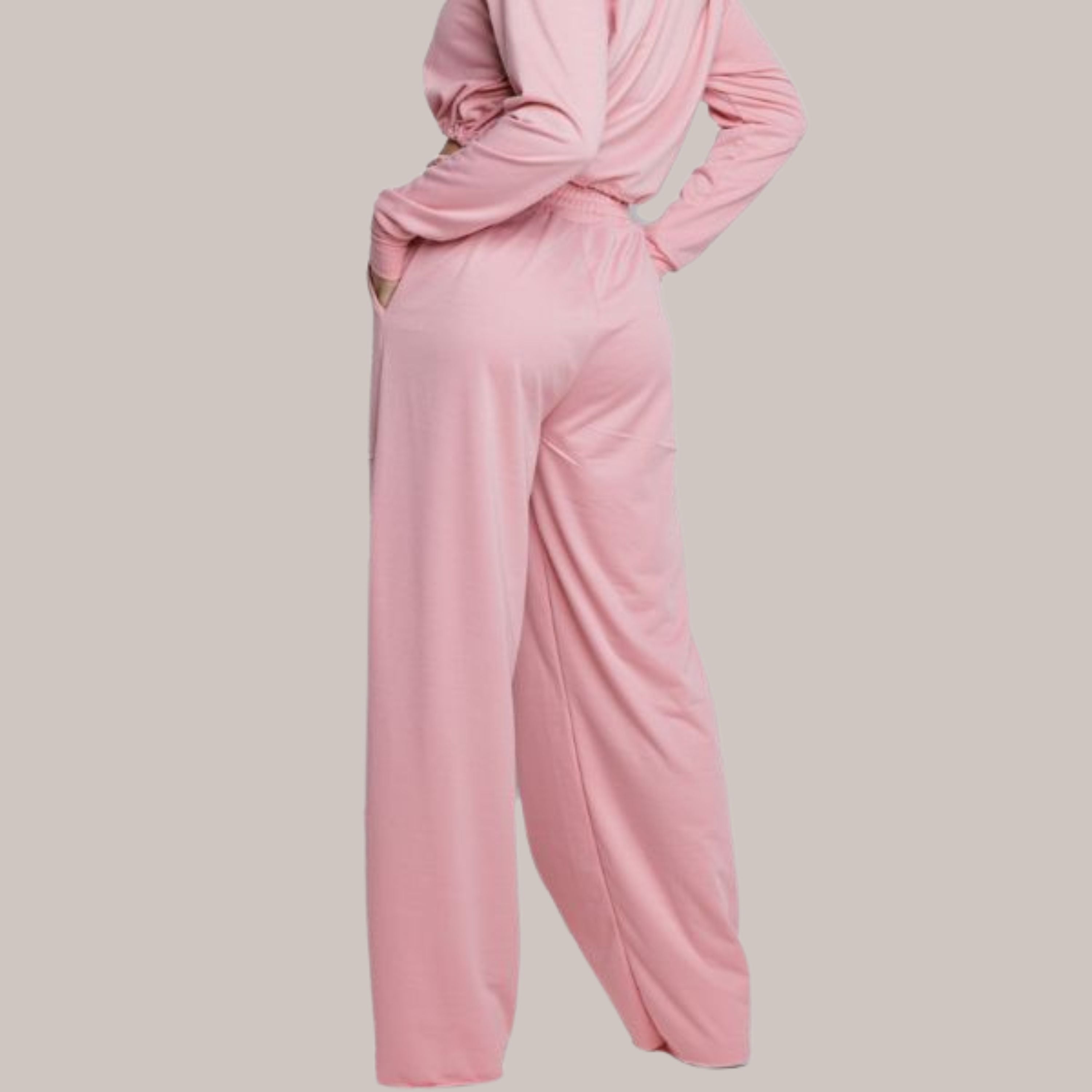 Calça Wide Leg Pantalona Cintura Alta Bolso Moletinho Rosa - VEKYO