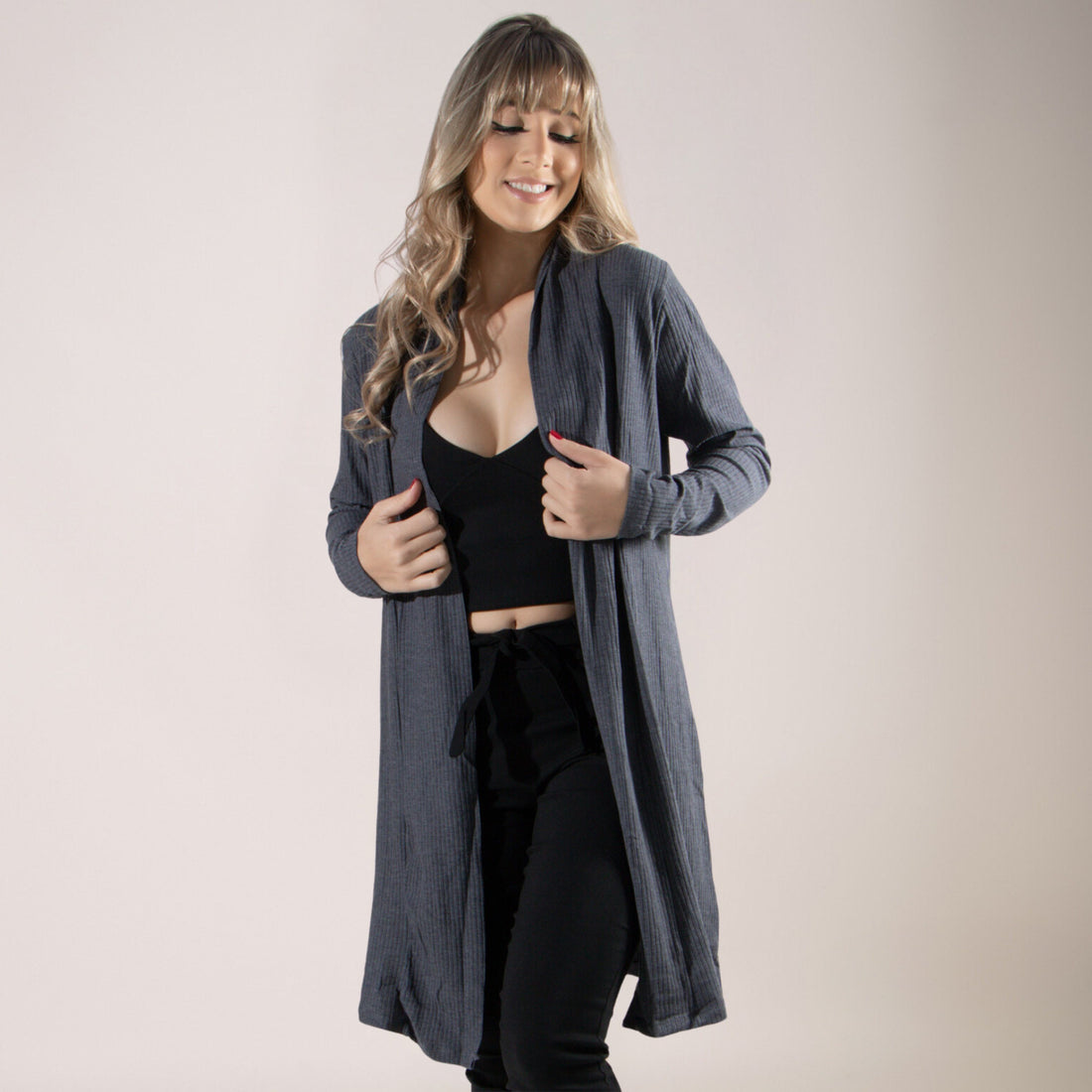 Cardigan Kimono Canelado Manga Longa Chumbo - VEKYO