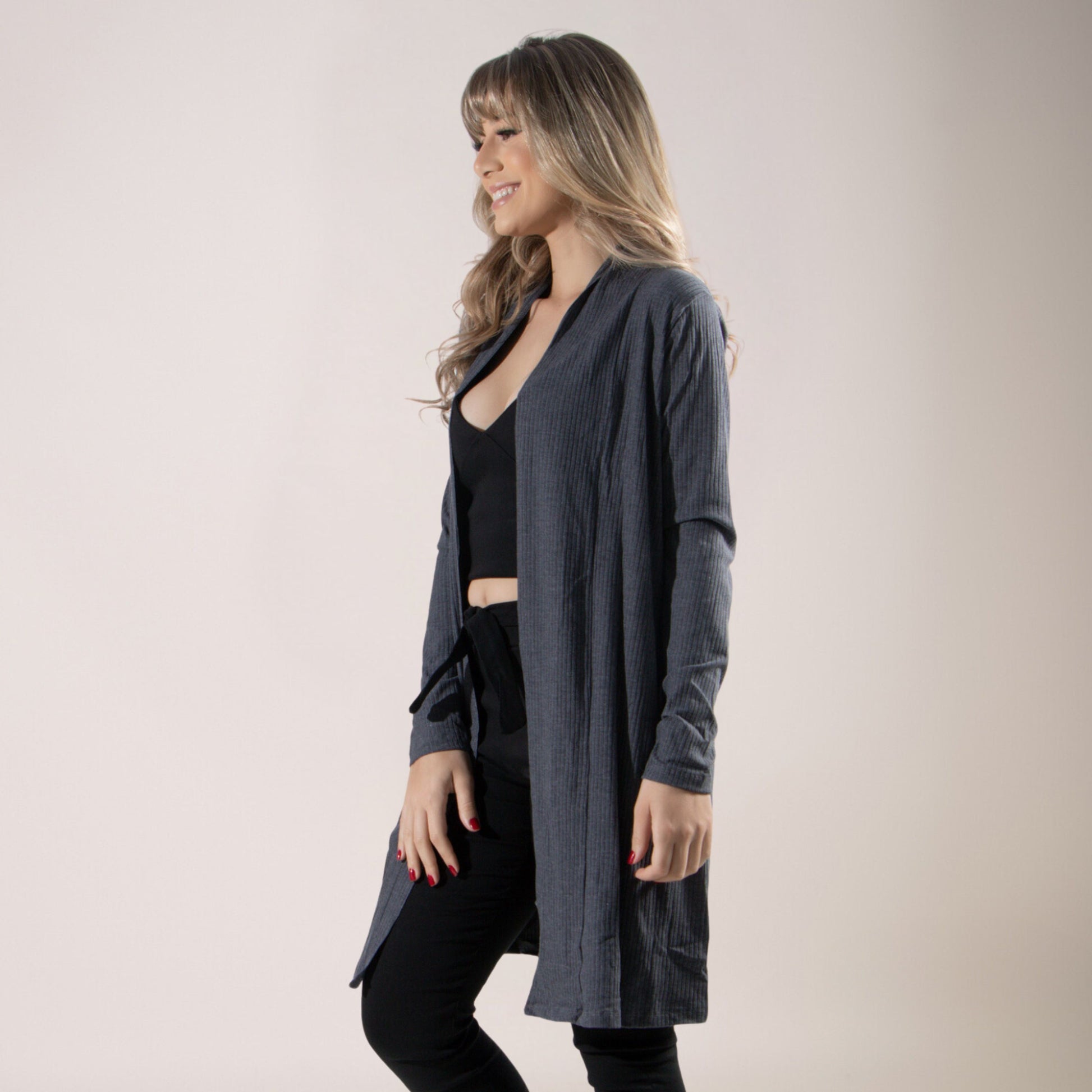 Cardigan Kimono Canelado Manga Longa Chumbo - VEKYO