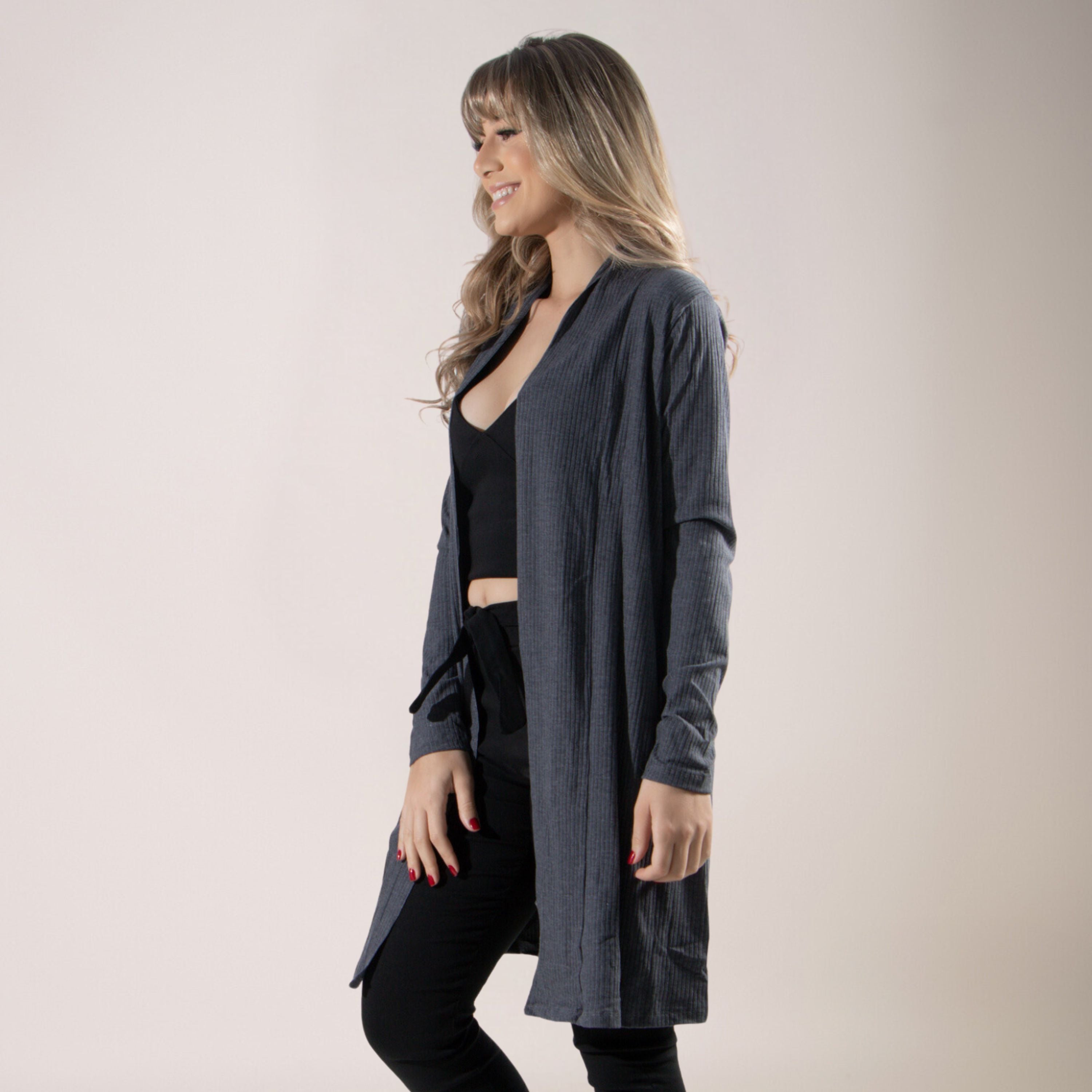 Cardigan Kimono Canelado Manga Longa Chumbo - VEKYO