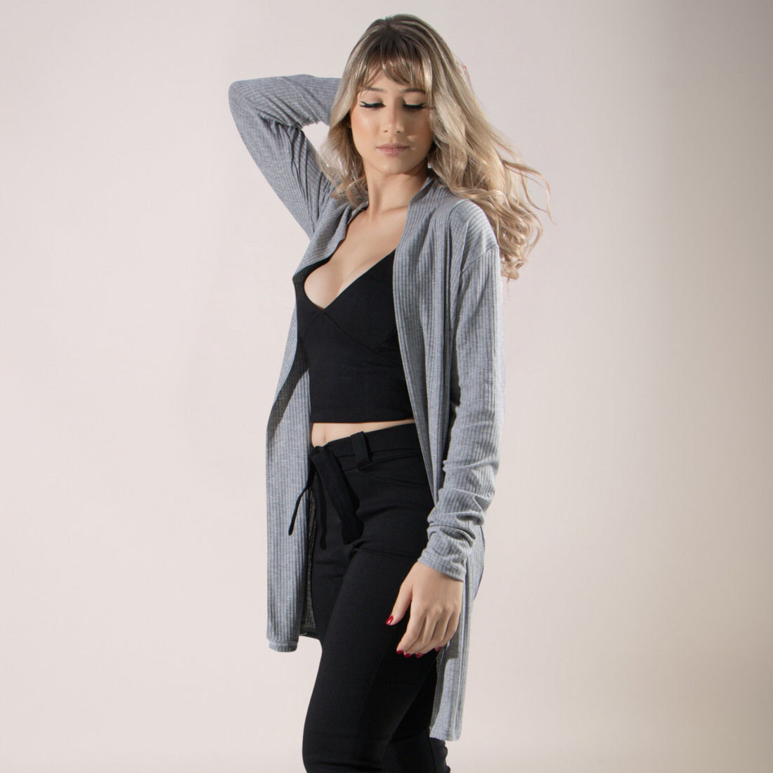 Cardigan Kimono Canelado Manga Longa Cinza - VEKYO