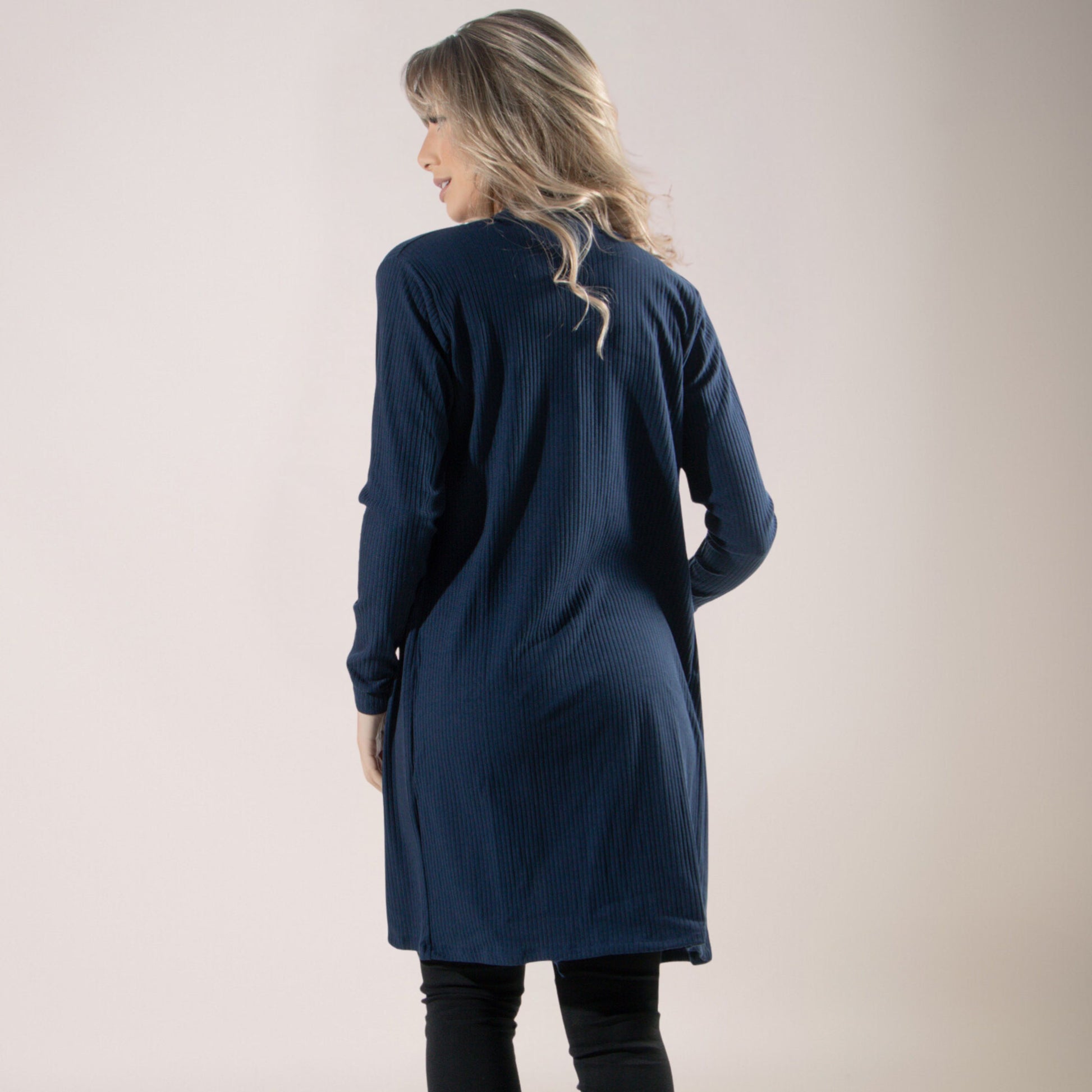 Cardigan Kimono Canelado Manga Longa Marinho - VEKYO