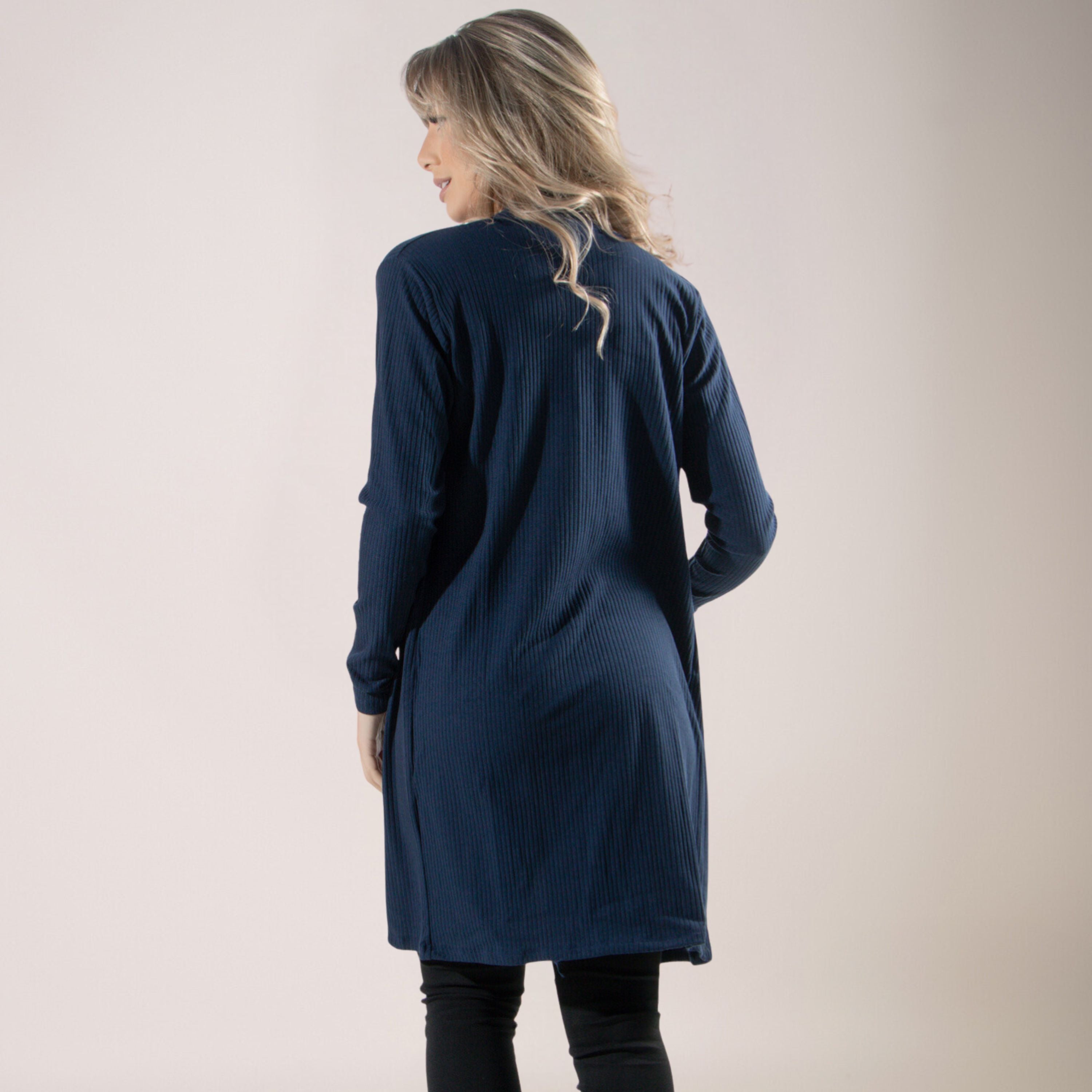 Cardigan Kimono Canelado Manga Longa Marinho - VEKYO