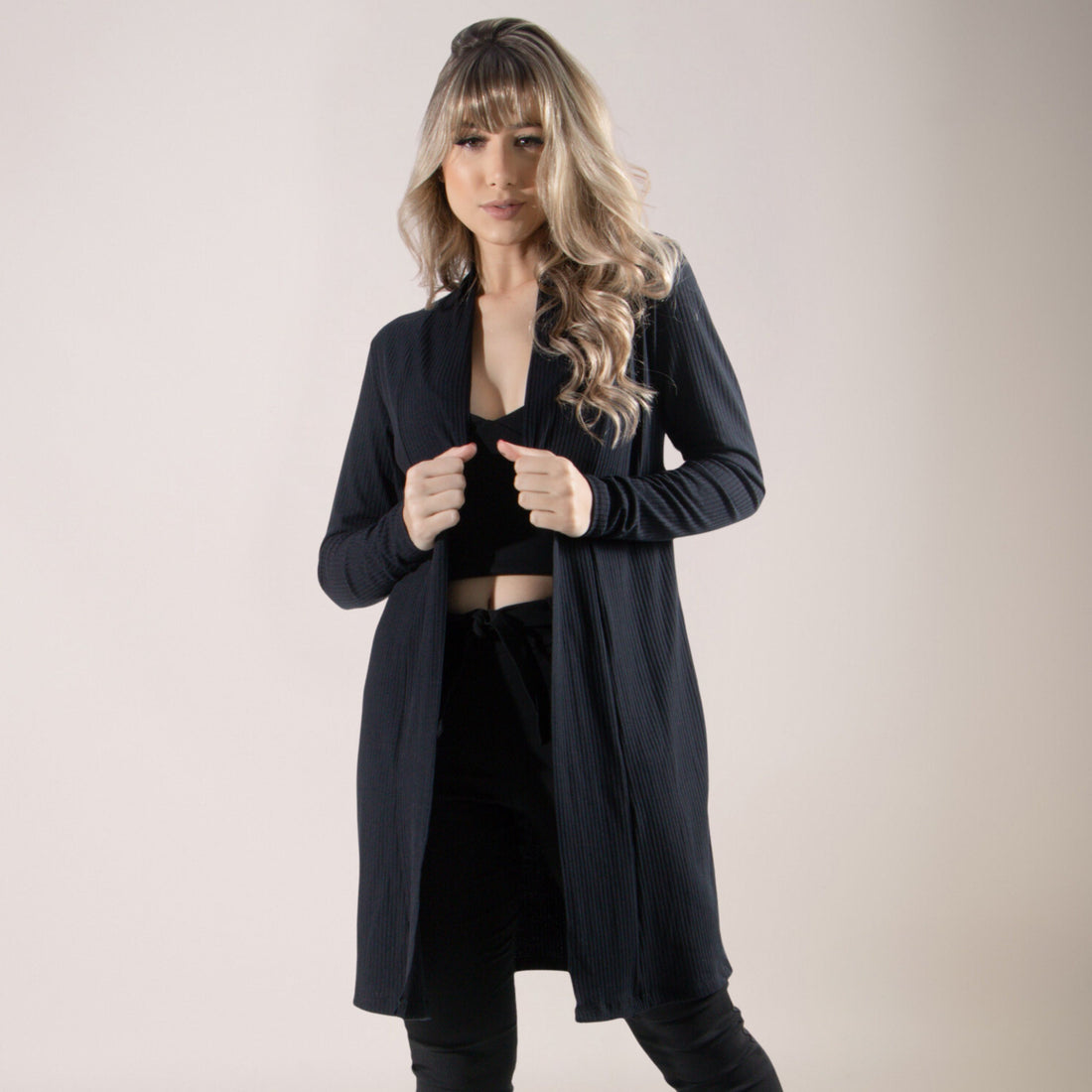 Cardigan Kimono Canelado Manga Longa Preto - VEKYO