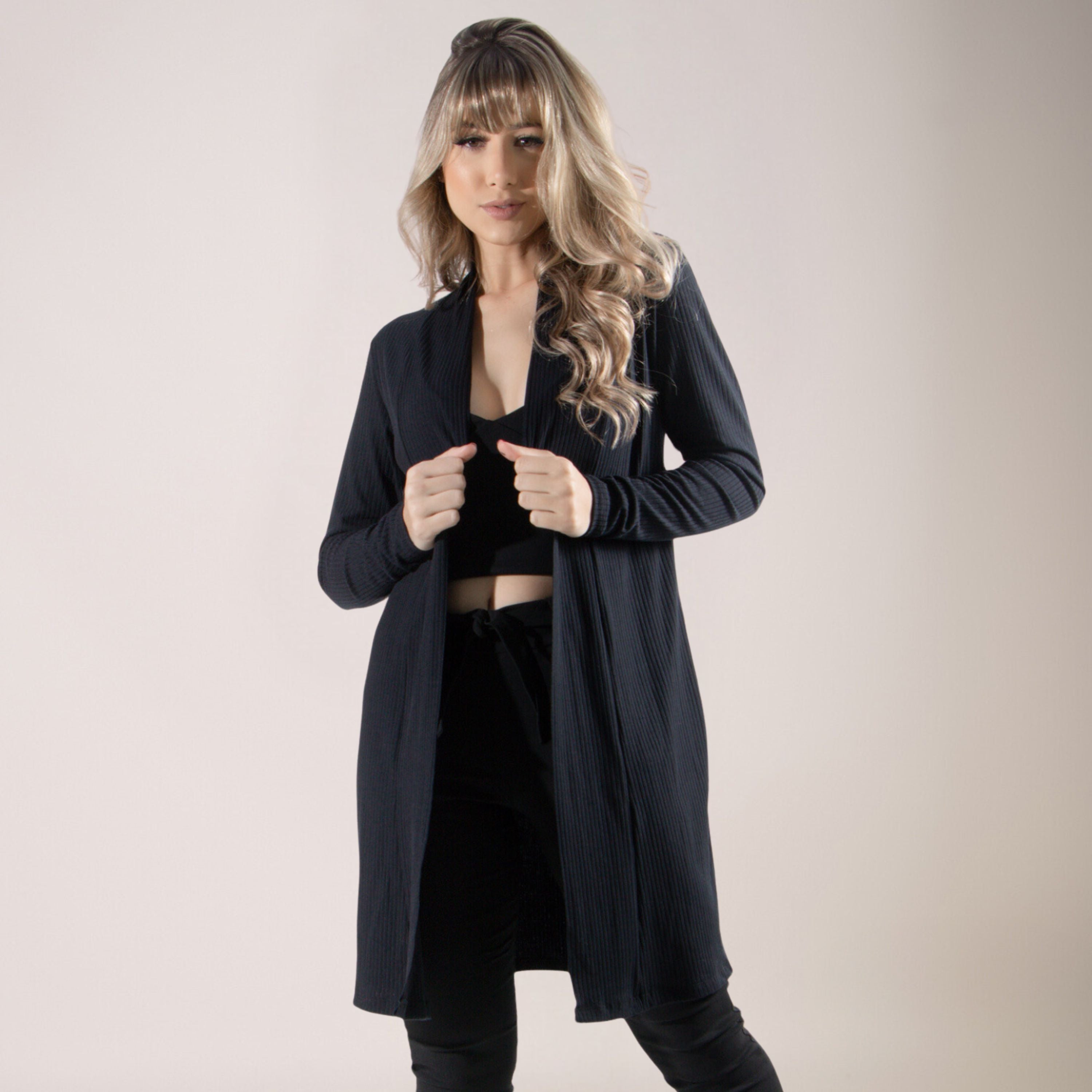 Cardigan Kimono Canelado Manga Longa Preto - VEKYO