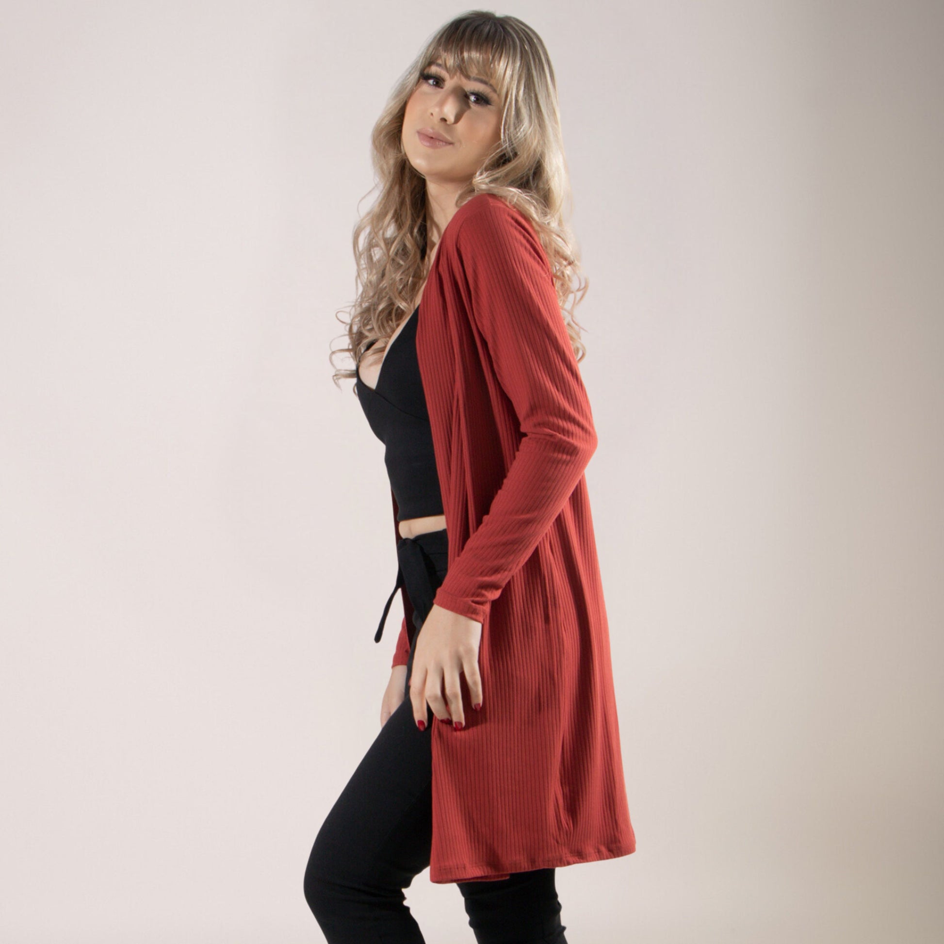 Cardigan Kimono Canelado Manga Longa Terracota - VEKYO