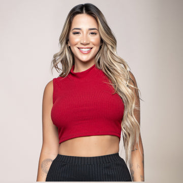 Cropped Canelado Regata Gola Alta Garrafinha Vermelho - VEKYO