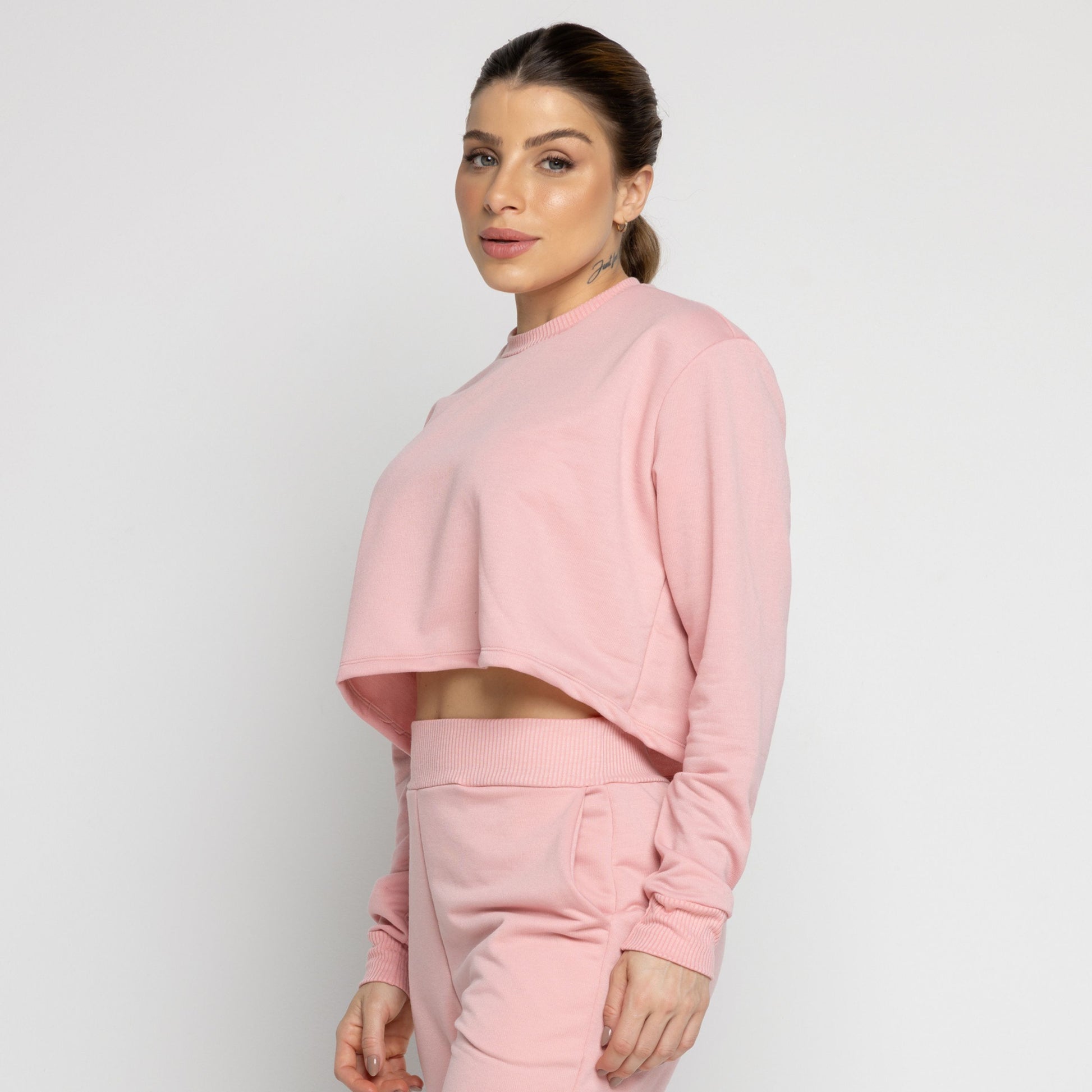 Cropped Moletinho Manga Longa Basic Rosa - VEKYO