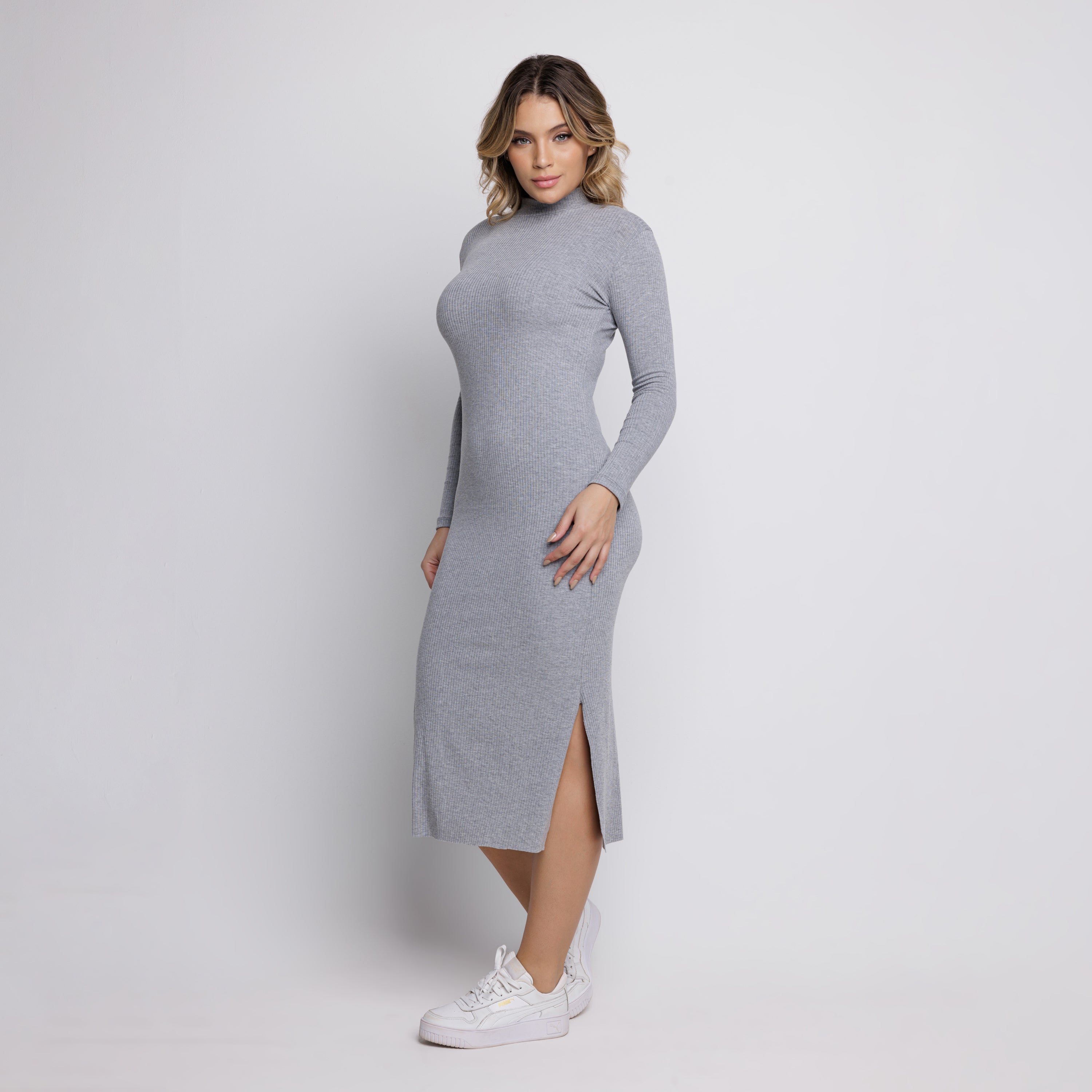 Vestido Midi Canelado Gola Alta Manga Longa Cinza - VEKYO