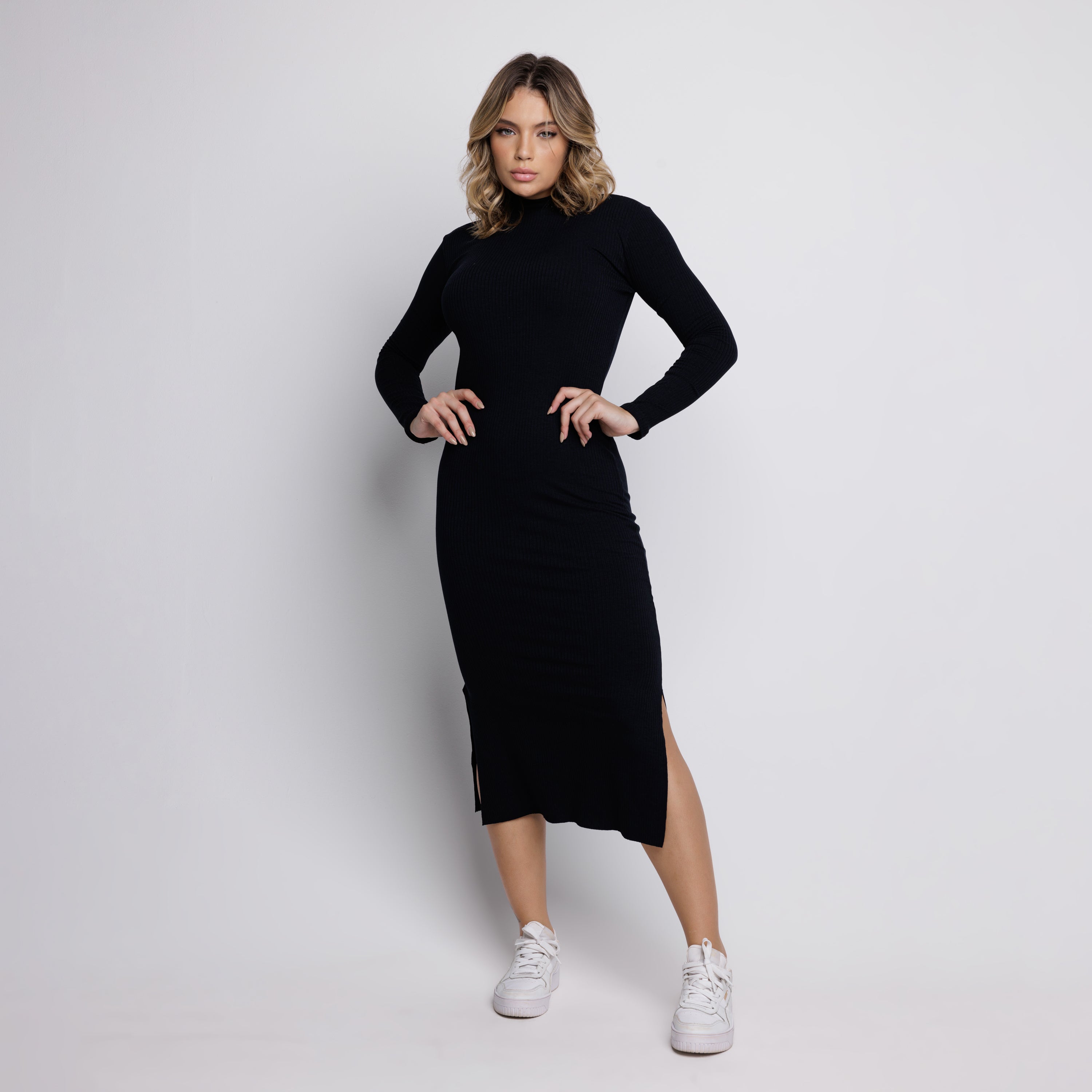Vestido Midi Canelado Gola Alta Manga Longa Preto - VEKYO