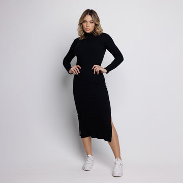 Vestido Midi Canelado Gola Alta Manga Longa Preto - VEKYO