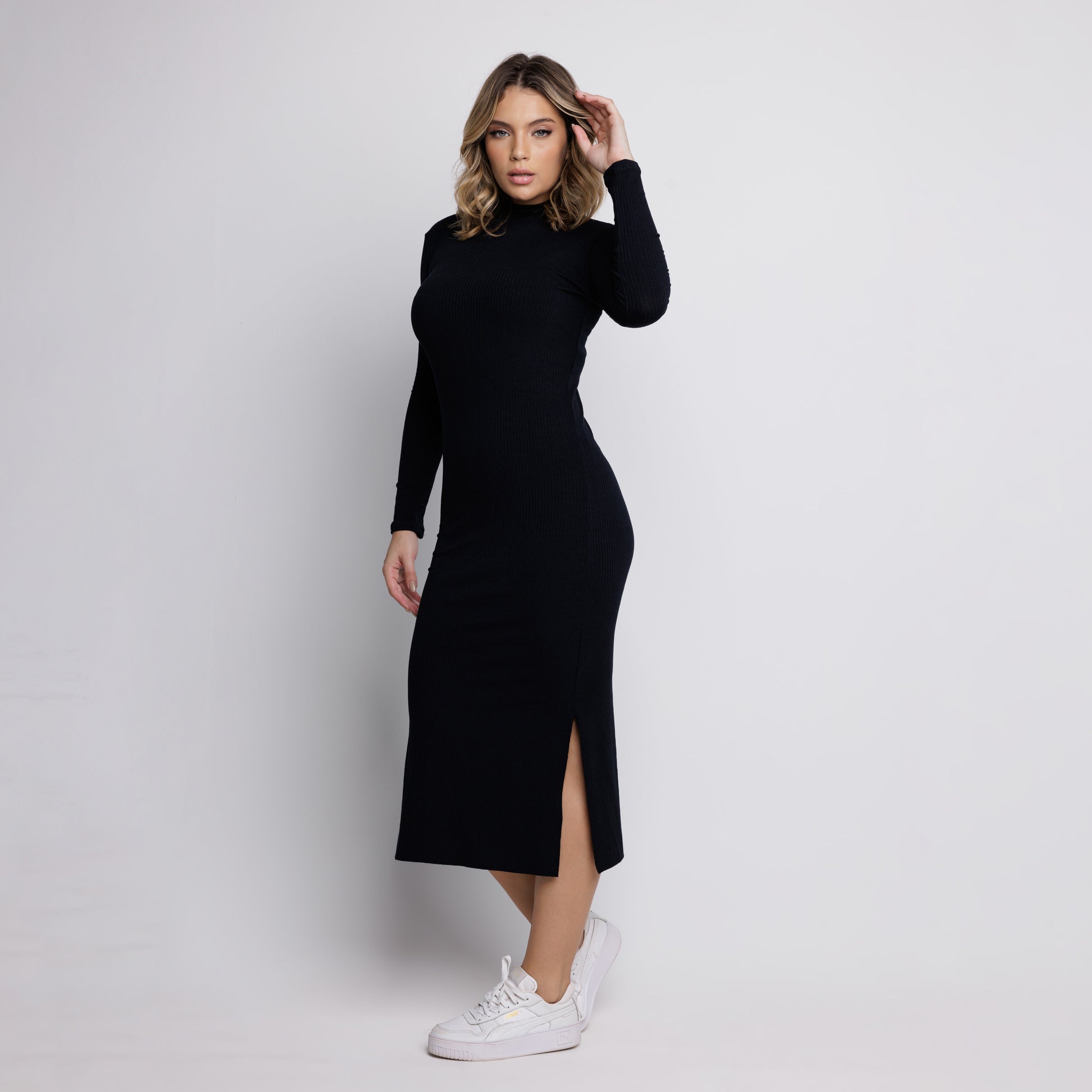 Vestido Midi Canelado Gola Alta Manga Longa Preto - VEKYO
