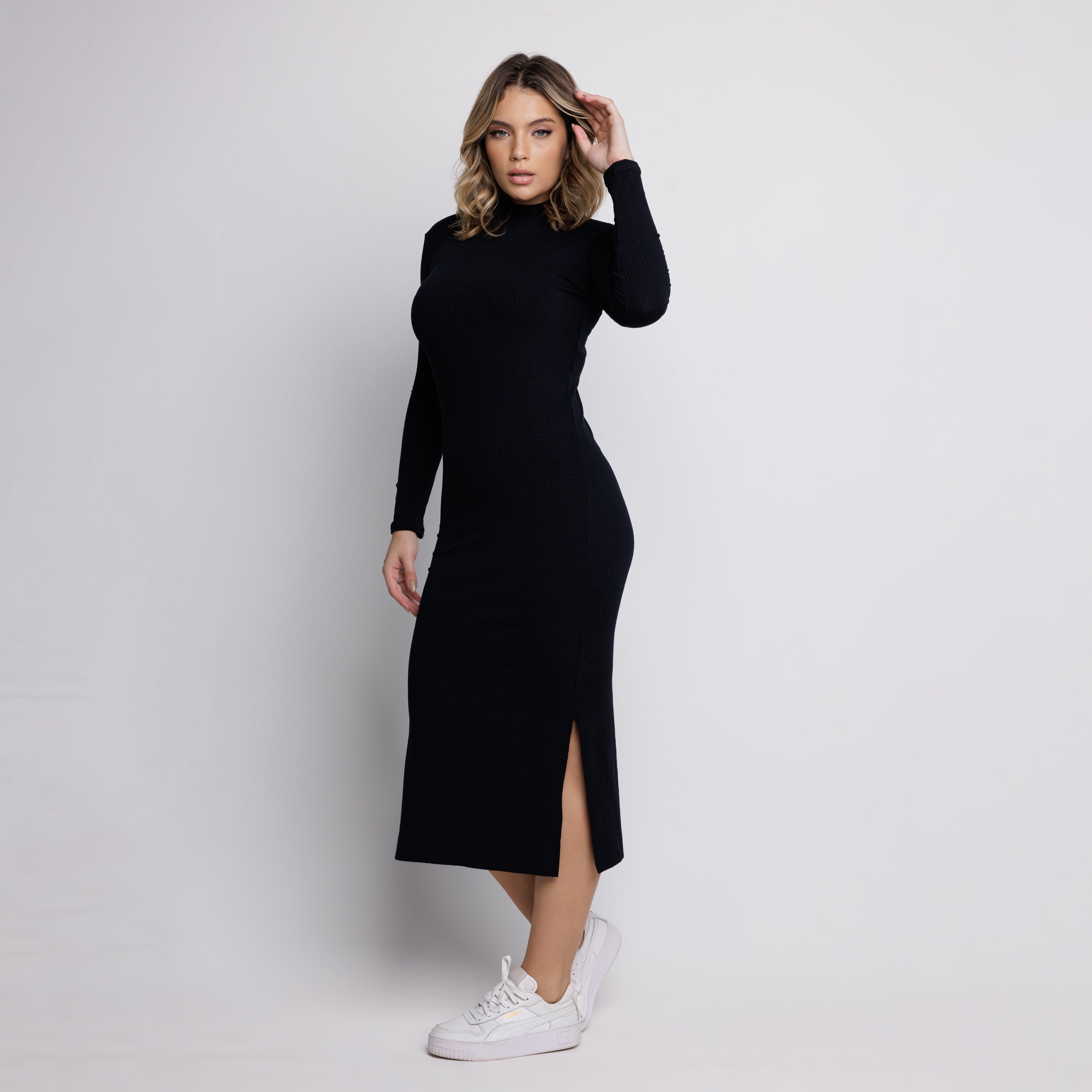 Vestido Midi Canelado Gola Alta Manga Longa Preto - VEKYO